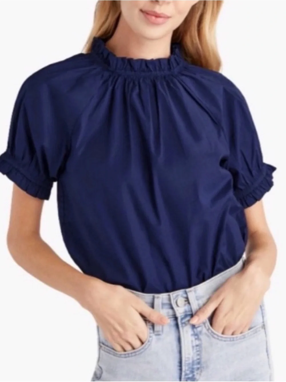 Hill House Navy Ruffle-Neck Puff Sleeve Blouse